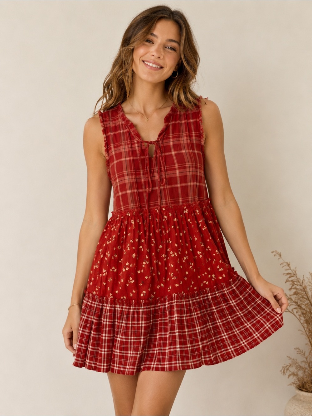 True Craft Mixed Plaid Floral Boho Tiered Mini Dress Size Large